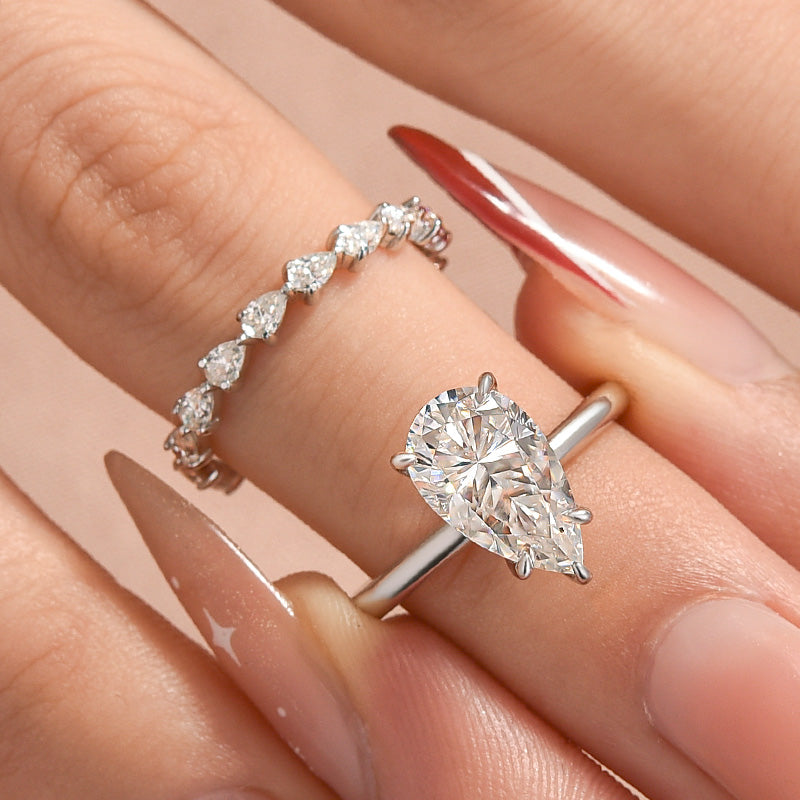 2PC Moissanite 2.5Ct Pear Cut Engagement Ring With Pear Cut Wedding Band Wedding Ring Set