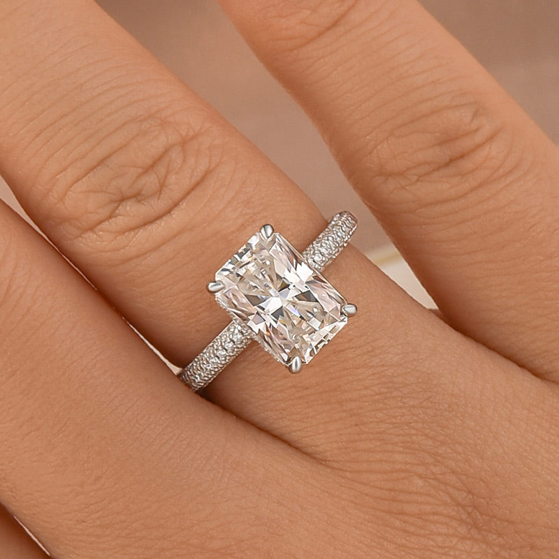 Moissanite Triple Row Pavé 3.5Ct Radiant Cut White Gold Engagement Ring