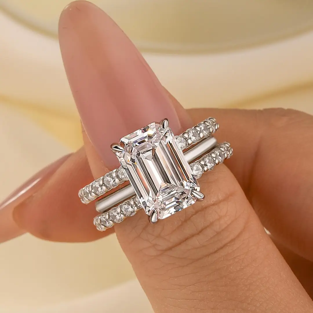 3PC 5.0Ct Emerald Cut Wedding Ring Set With Two Open Wedding Bands