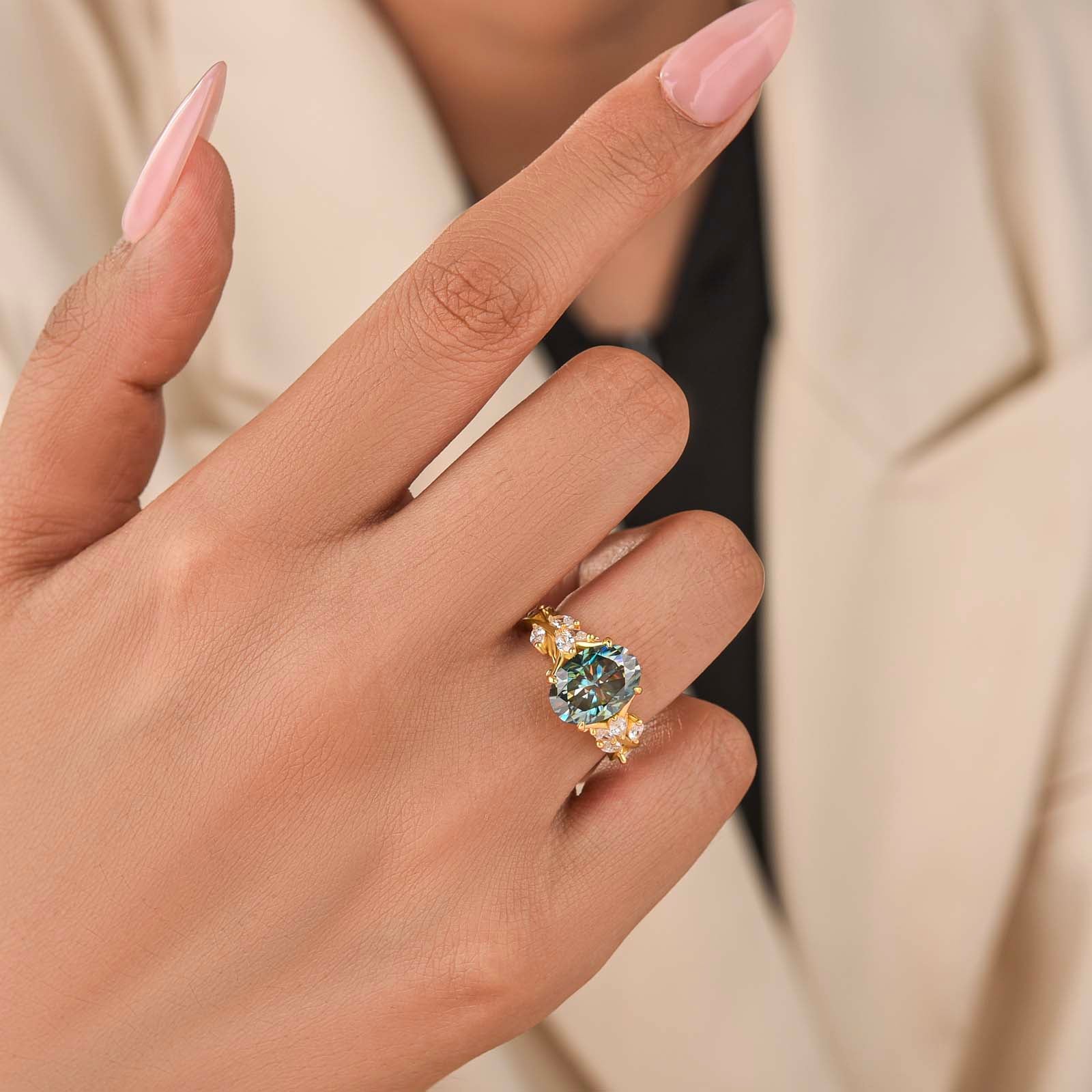 S925 Moissanite 3.5 Oval Vine Ring Self Love Ring Gift Green Stone Daily Wearable Ring For Her