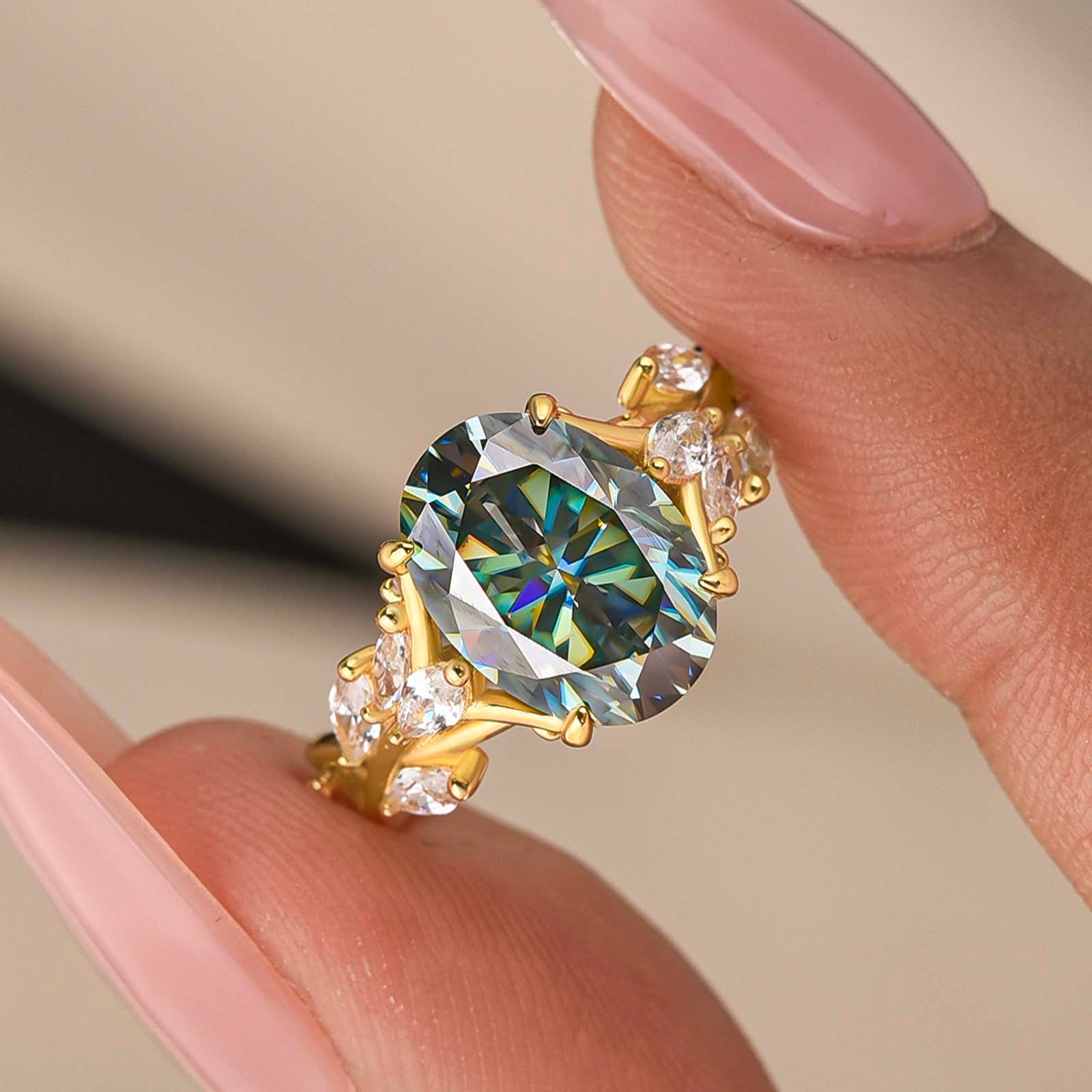 S925 Moissanite 3.5 Oval Vine Ring Self Love Ring Gift Green Stone Daily Wearable Ring For Her