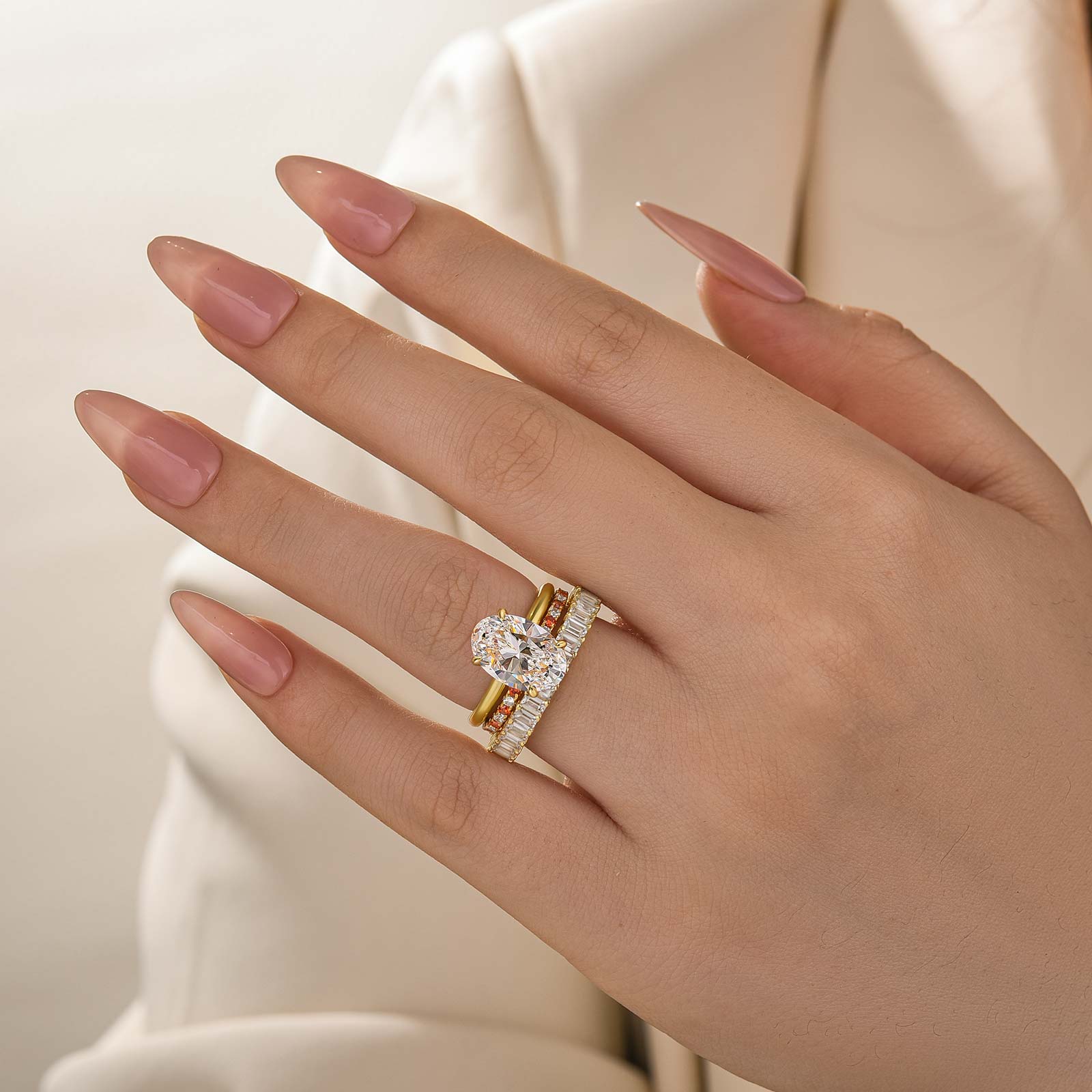 S925 4PC 4.0Ct Oval Cut Yellow Gold Engagement Ring Set with Red&White Color Stone Round Cut Band - louilyjewelry