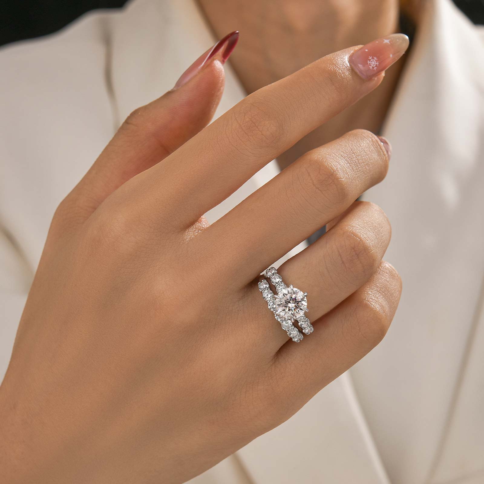 Moissanite 2PC 2.0Ct Round Cut Half Eternity Engagement Ring With Round Cut Wedding Band Wedding Ring Set