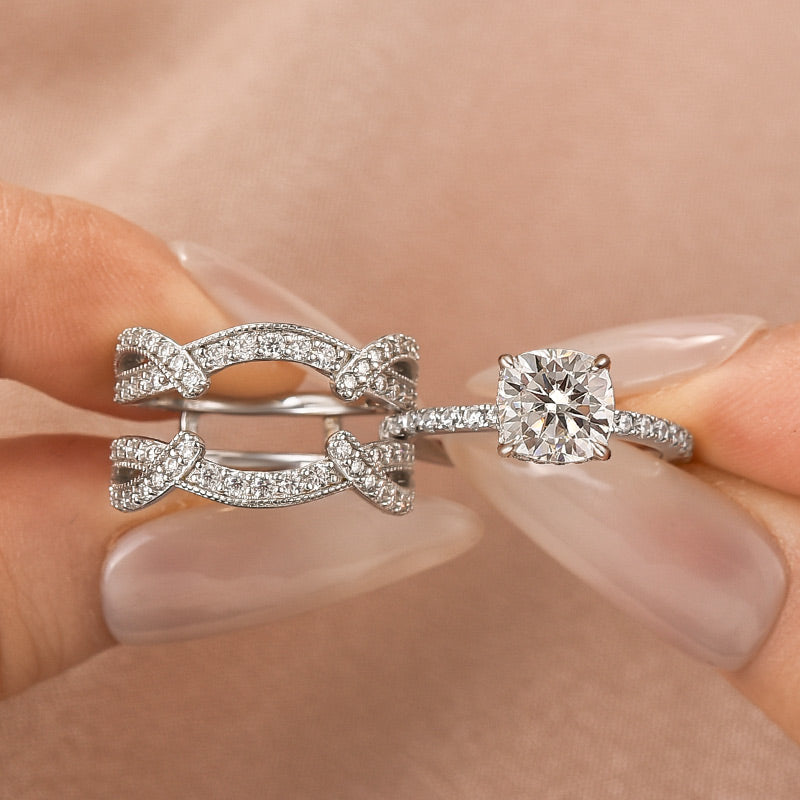 S925 Moissanite 2Ct Cushion Cut Wedding Ring & Twisted Pave 1.17Ct  Band 2PC Enhancer Bridal Ring Set