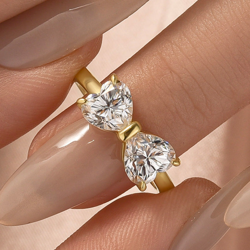1.0Ct*2 Heart Cut Toi et Moi Yellow Gold Moissanite Engagement Ring in S925 Sterling Silver - louilyjewelry