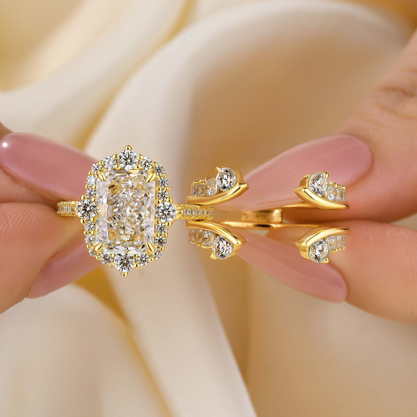 Vintage 3.5Ct Halo Radian Cut Insert Wedding Ring With Engagement Ring Enhancer