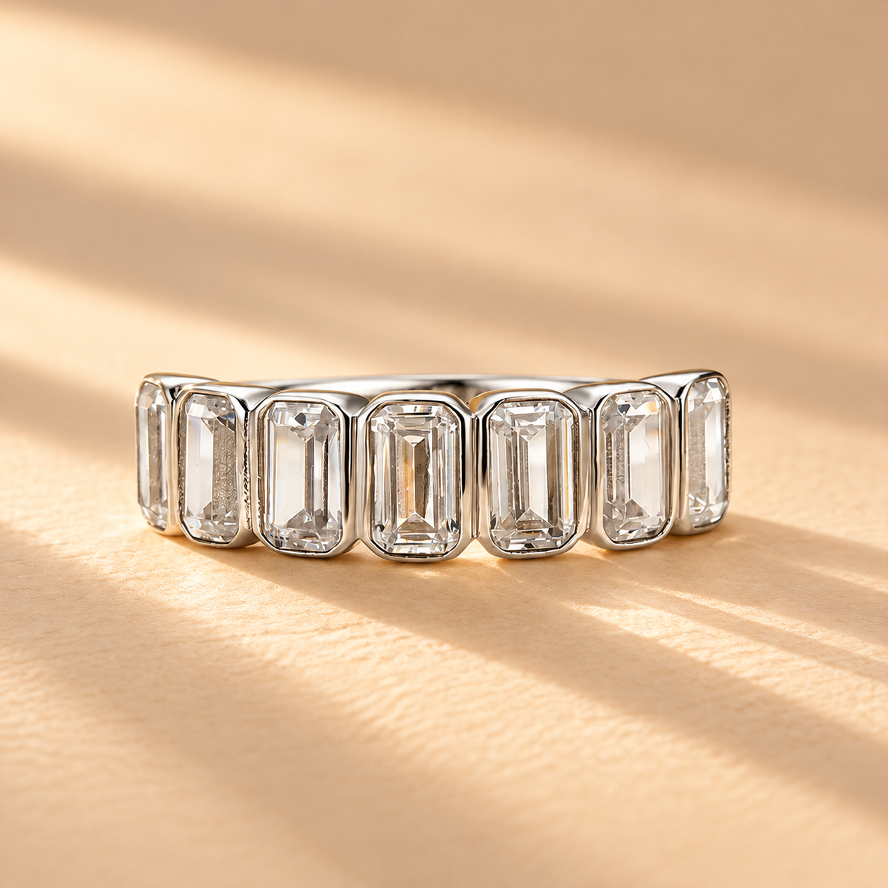 2.8Ct Emerald Cut Bezel Half Wedding Band Travel Ring In Sterling Silver