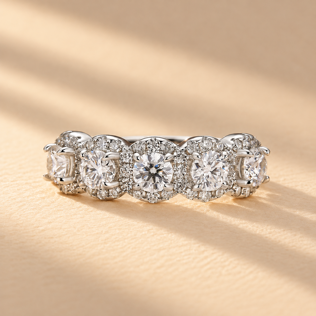 Moissanite Halo Five Stone 18K White Gold-Plated Anniversary Ring In Sterling Silver