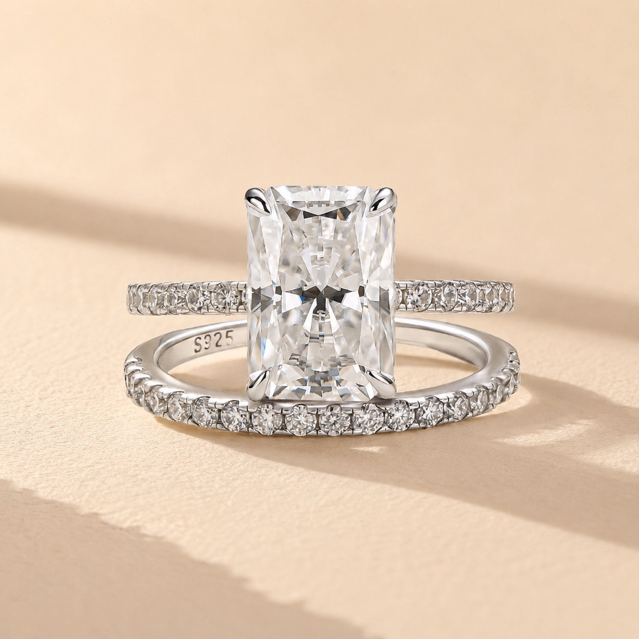 S925 Moissanite 3.5 Carat Radiant Cut Wedding Ring Set Stackable Ring Set For Everyday Wear