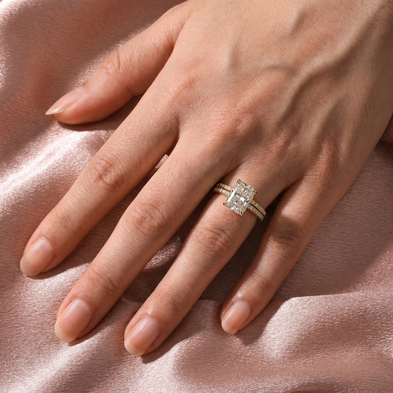 S925 Moissanite 3.5 Carat Radiant Cut Wedding Ring Set Stackable Ring Set For Everyday Wear