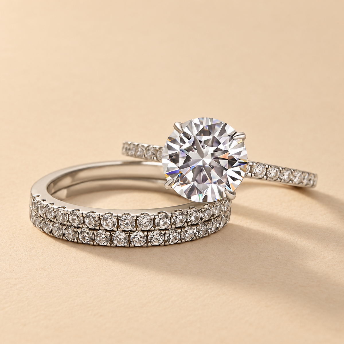 S925 Moissanite 2.0 Carat Round Cut 3PC Wedding Ring Set