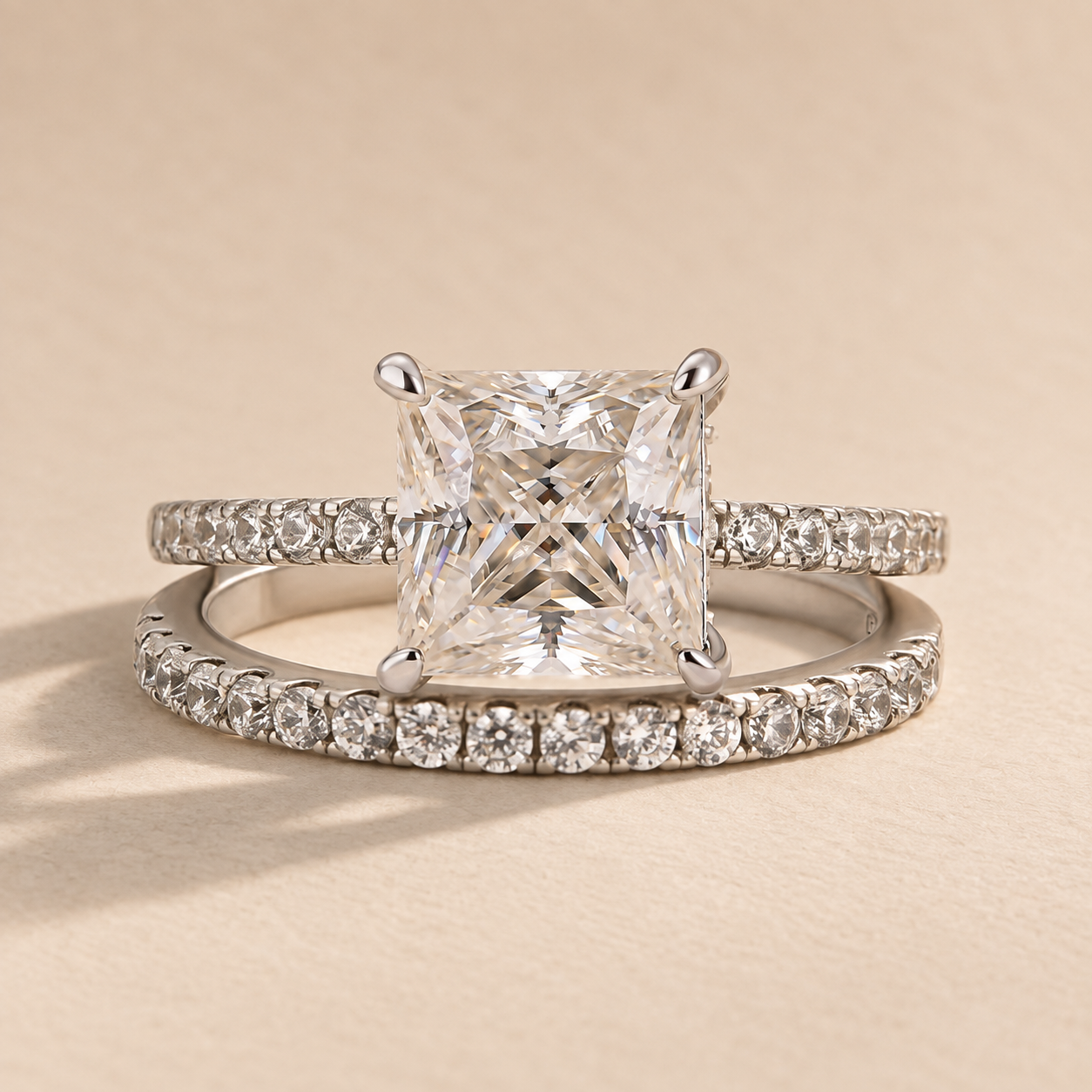 S925 Moissanite 2.0 Carat Square Princess Cut Wedding Ring Set For Daily Occassions