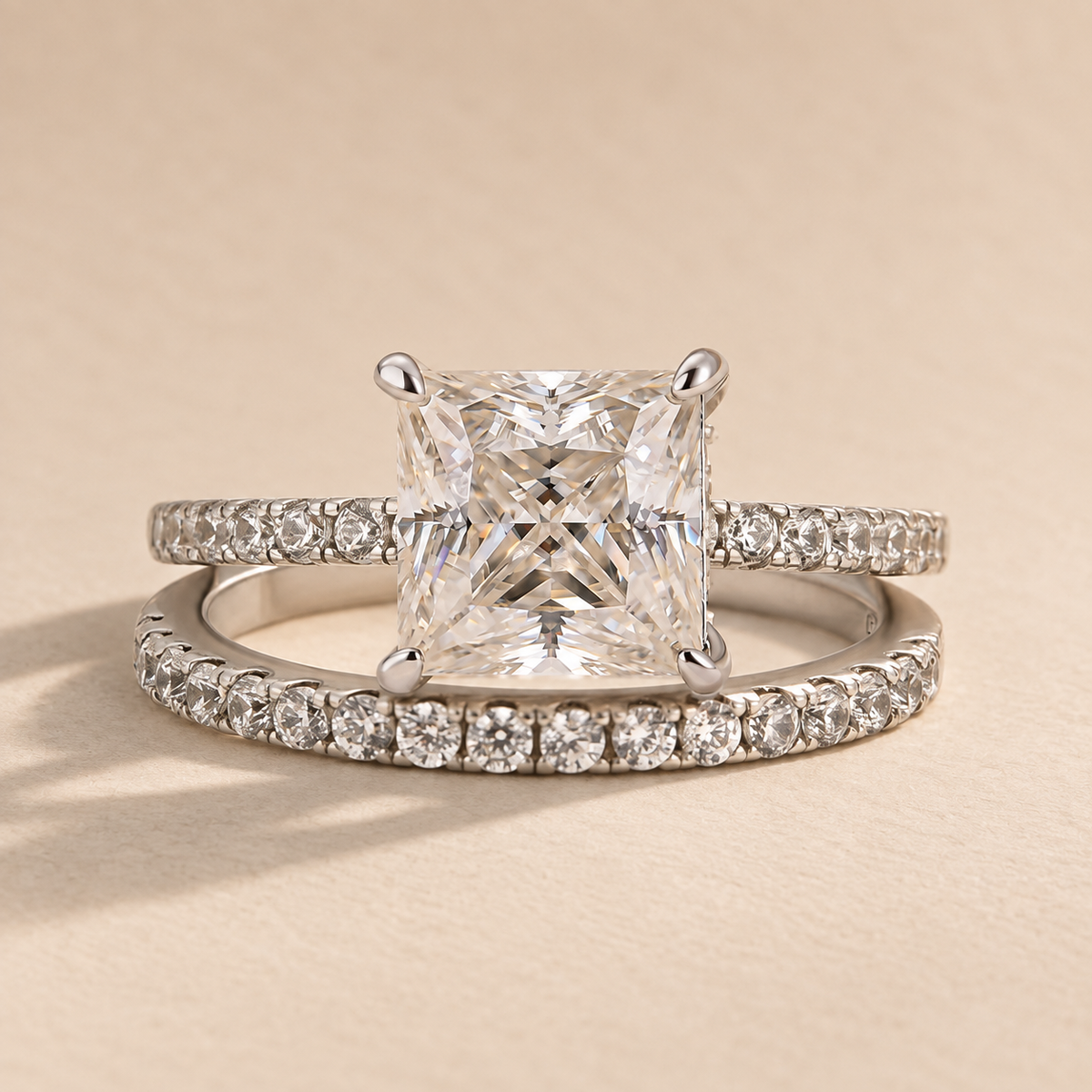 S925 Moissanite 2.0 Carat Square Princess Cut Wedding Ring Set For Daily Occassions