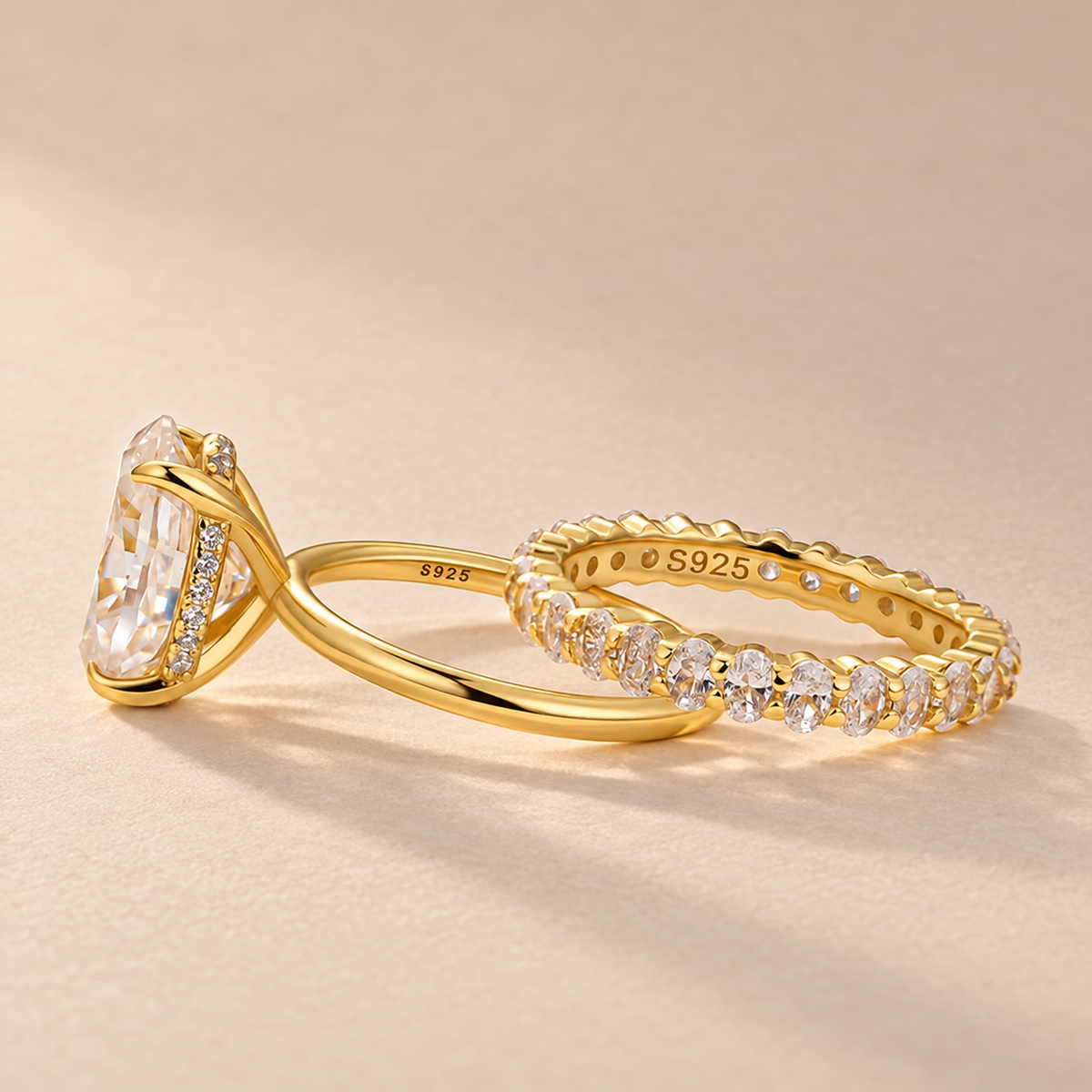 S925 Moissanite 4.0 Ct Oval Cut Yellow Gold Engagement Ring with Oval Cut Eternity Ring
