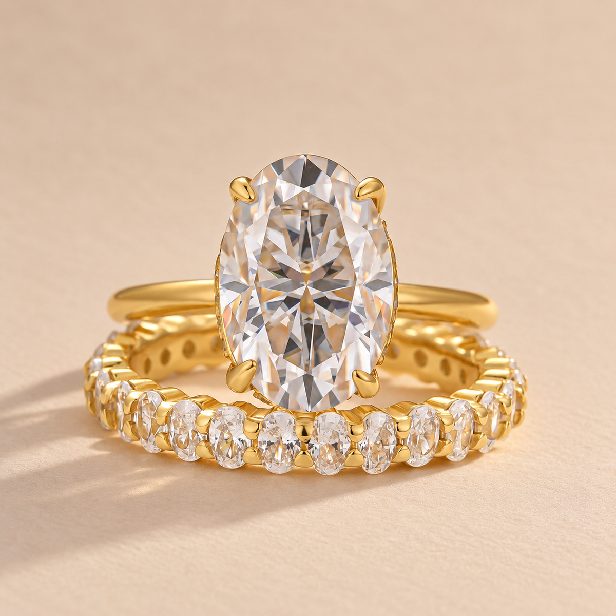 S925 Moissanite 4.0 Ct Oval Cut Yellow Gold Engagement Ring with Oval Cut Eternity Ring