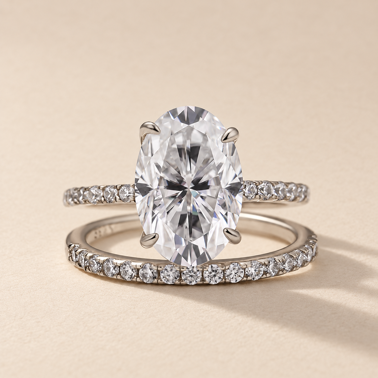 S925 Moissanite 4.0 Ct Oval Cut Wedding Ring Set In Sterling Silver Stackable Ring For Women