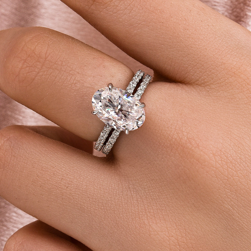 S925 Moissanite 4.0 Ct Oval Cut Wedding Ring Set In Sterling Silver Stackable Ring For Women
