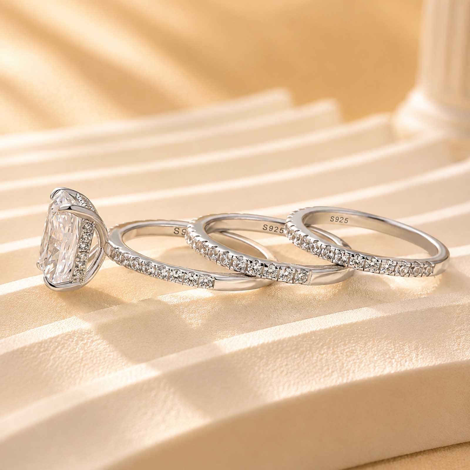 S925 3.5 Ct Radiant Cut White Stone 3PC Wedding Set In Sterling Silver Travel Ring Set