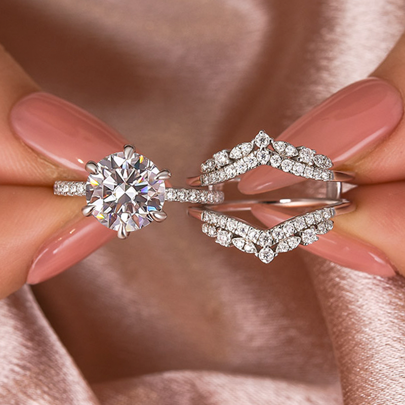 S925 Moissanite 3.0 Ct Round Cut Insert Wedding Ring Set With Jacket Stack Wedding Band