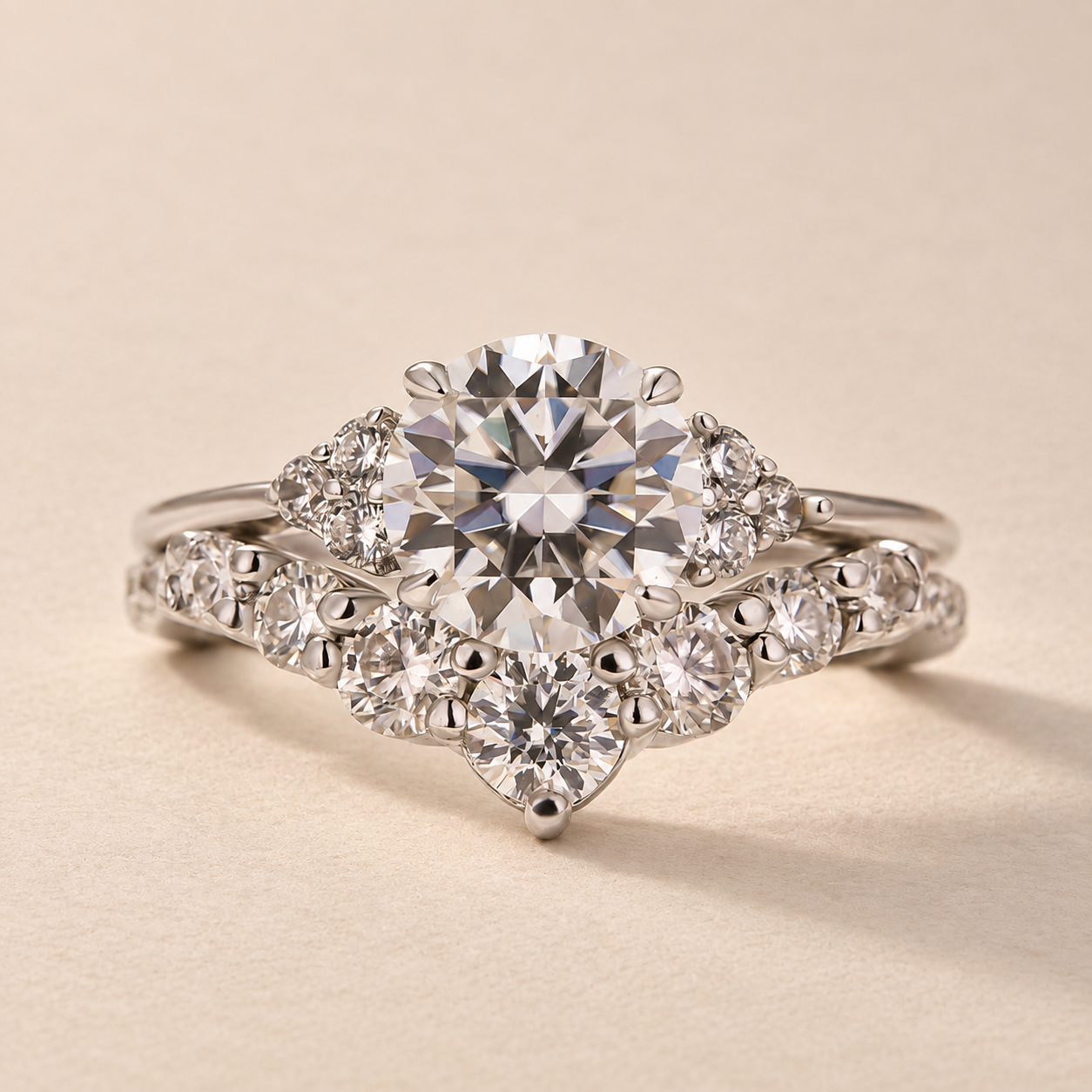 S925 Moissanite 1.2 CT Round Cut Wedding Ring Set With Curved Design Wedding Band