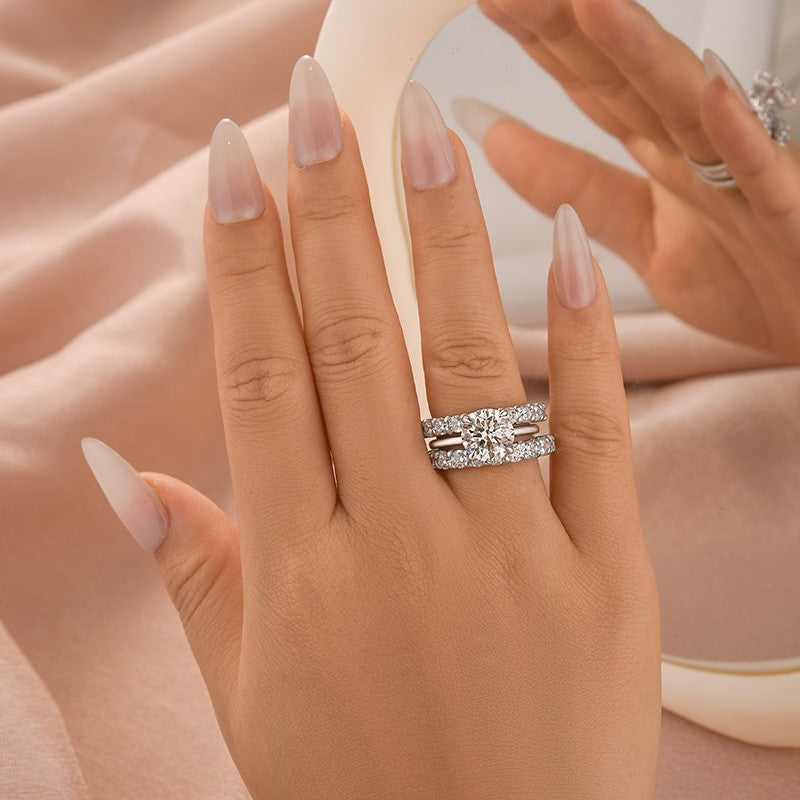 Moissanite 2.0Ct Round Cut Engagement Ring with Half Round Cut Wedding Band