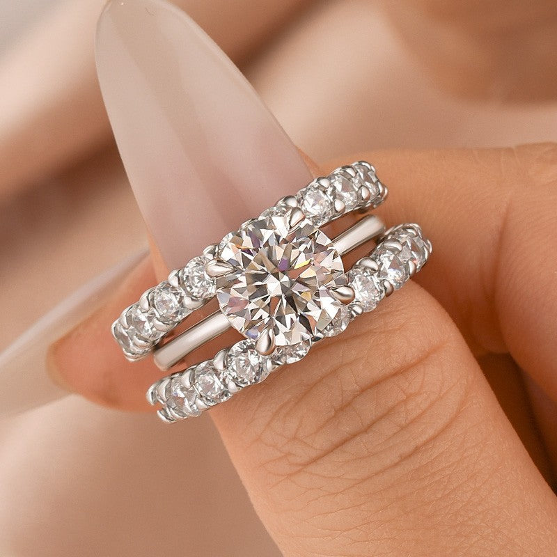 Moissanite 2.0Ct Round Cut Engagement Ring with Half Round Cut Wedding Band