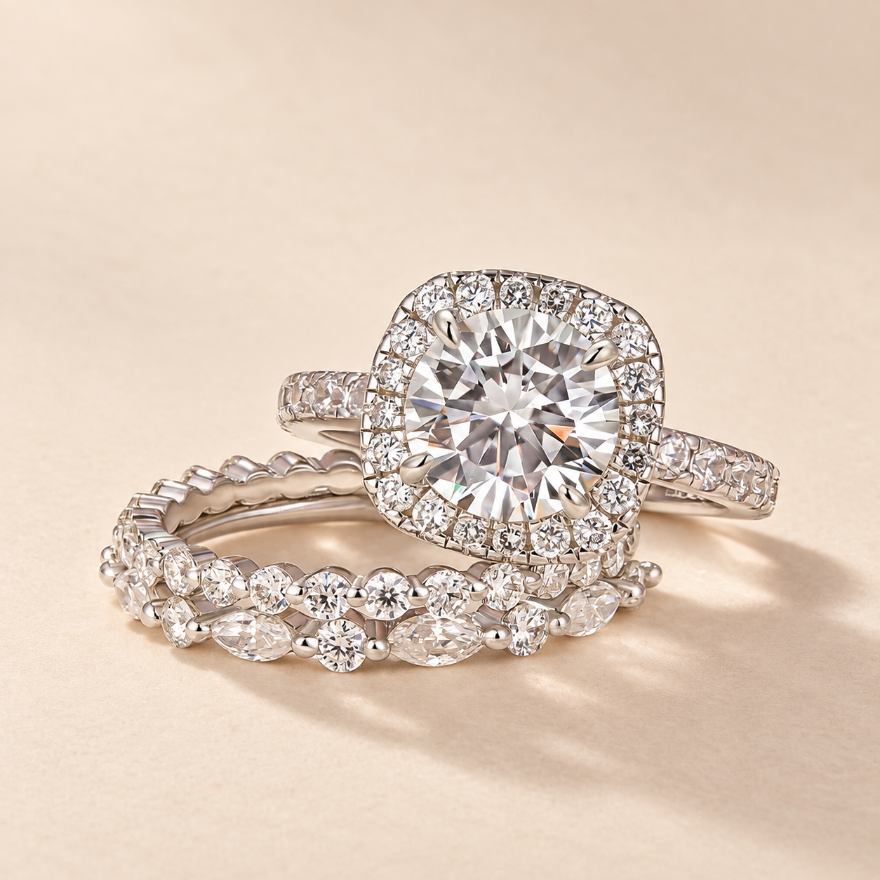 S925 Moissanite 2.0Ct Halo Round Cut White Gold Promise Ring With Round Cut & Marquise Cut Anniversary Ring