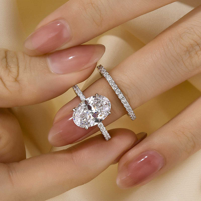 4.0 Carat Oval Cut Wedding Ring Set With Classic Half Wedding Band - louilyjewelry