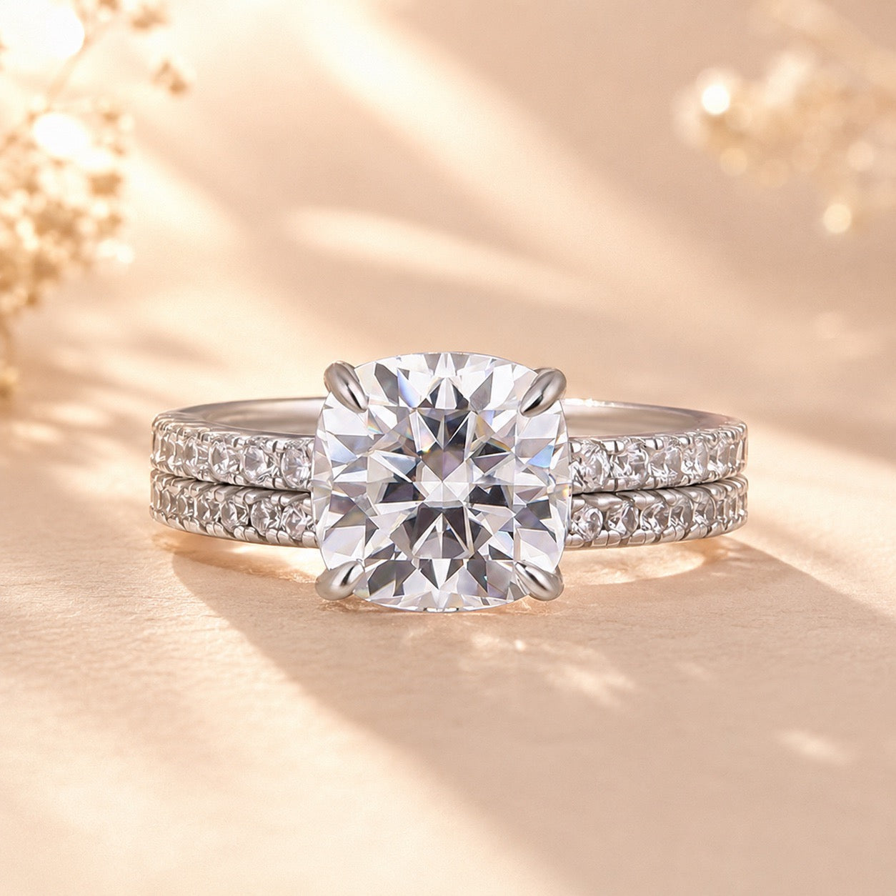 S925 Moissanite 2.5Ct Cushion Cut White Gold Bridal Wedding Ring Set