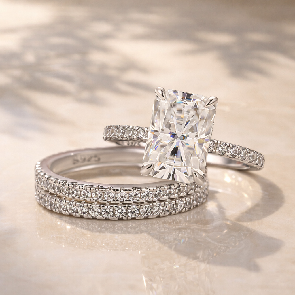 3.5Ct Radiant Cut 3PC White Gold Moissanite Diamond Wedding Ring - louilyjewelry