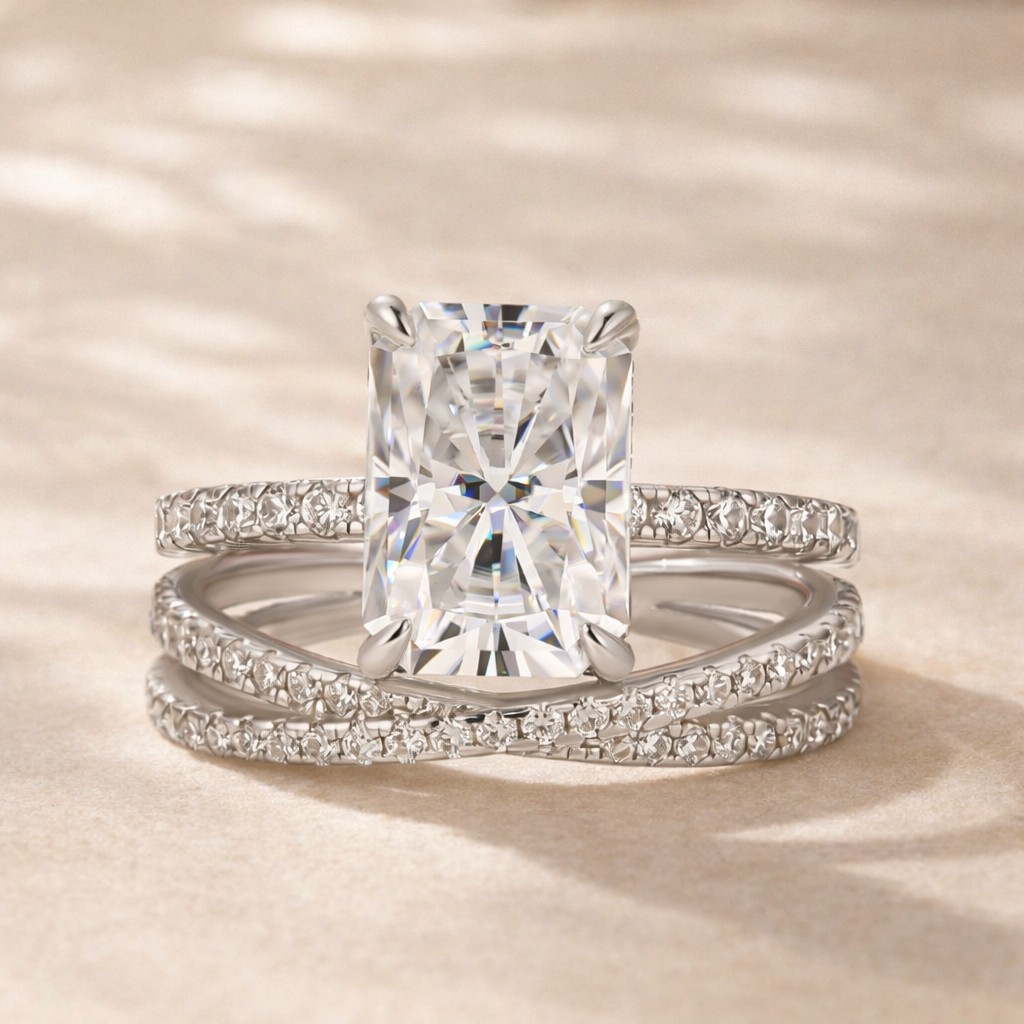 3.5Ct Radiant Cut White Gold Moissanite Diamond Wedding Ring with Criss Cross Band - louilyjewelry