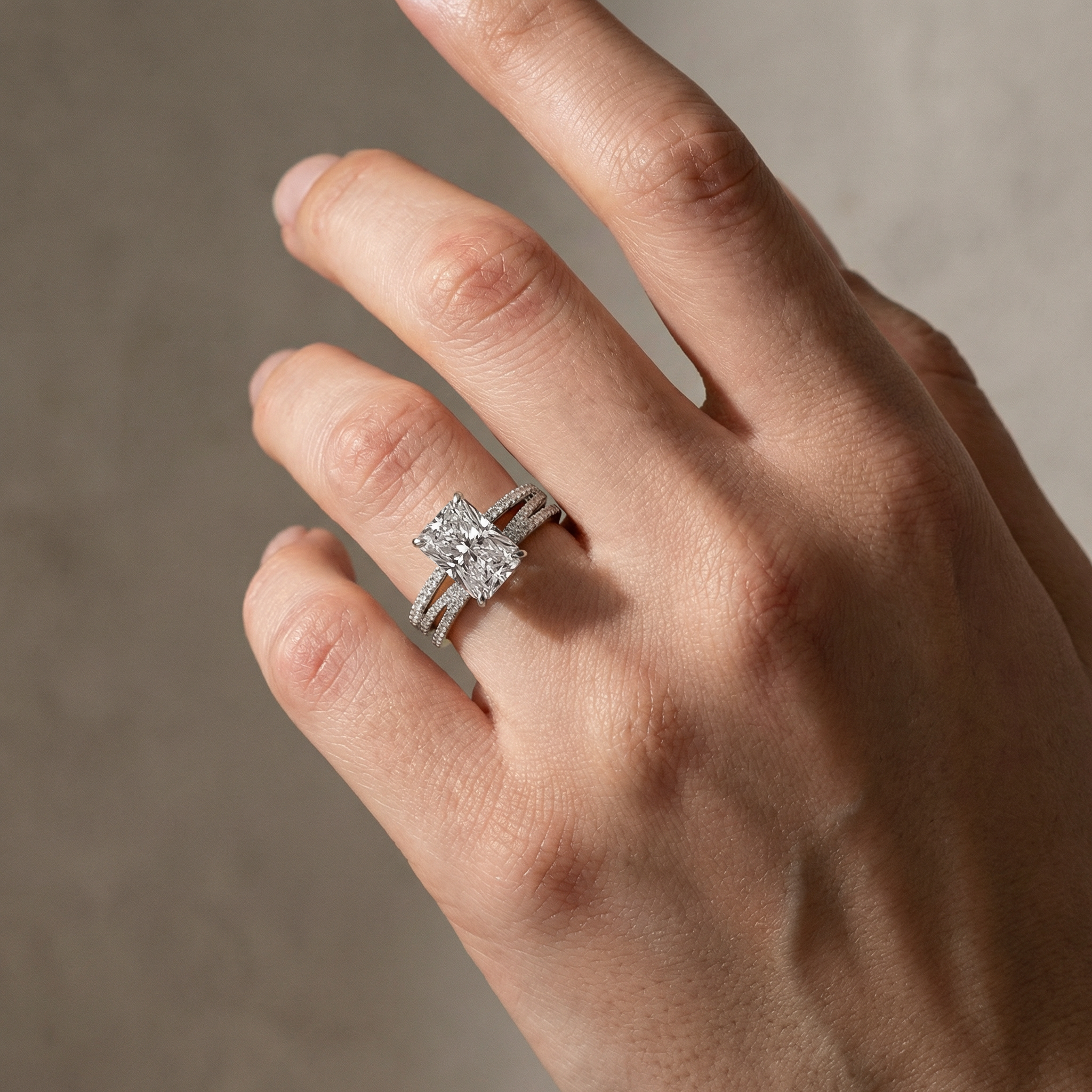 3.5Ct Radiant Cut White Gold Moissanite Diamond Wedding Ring with Criss Cross Band - louilyjewelry