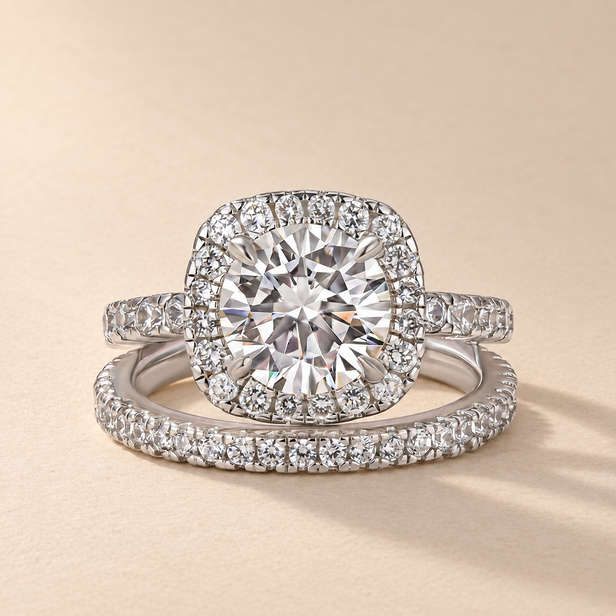 S925 Moissanite 2.0Ct Halo Round Cut White Gold Wedding Ring Set For Women