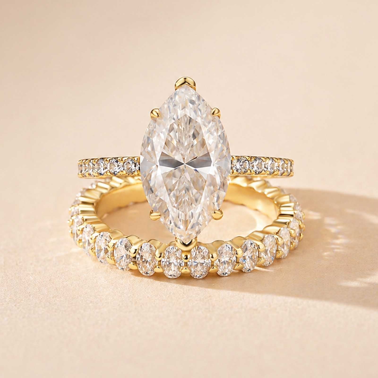 S925 Moissanite 2PC 4.0 Ct Marquise&Oval Cut Gold Plated Wedding Ring Set For Everyday Wear