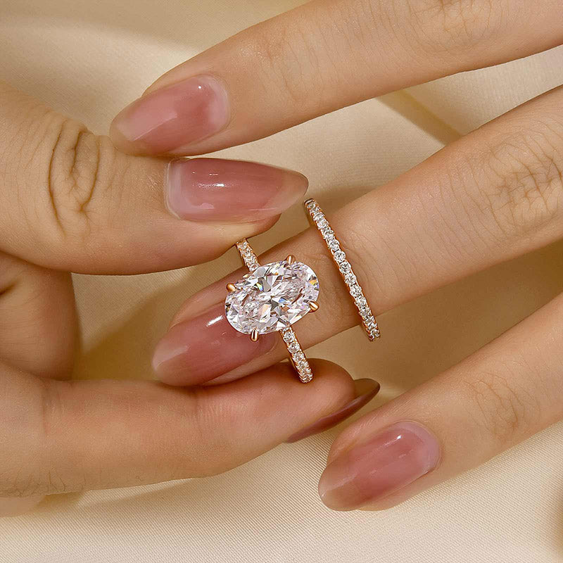 4.0 Carat Oval Cut Wedding Ring Set With Classic Half Wedding Band - louilyjewelry