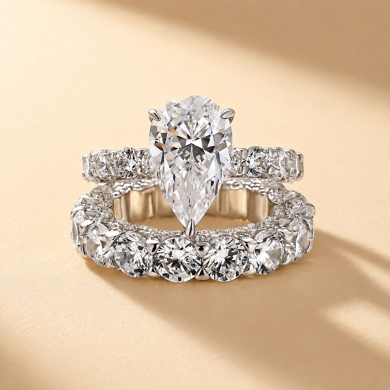 Louily Classic Halo Pear Cut Wedding Ring Set With Eternity Wedding Band