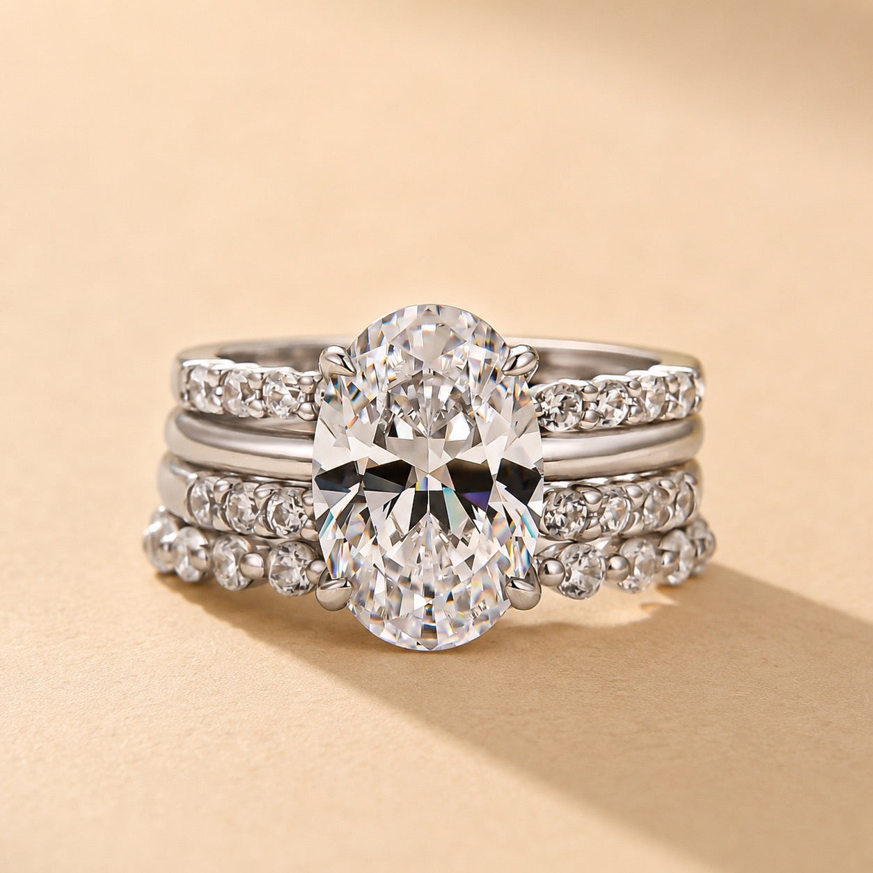 Louily 4PC Oval Cut Wedding Ring Set With Open Wedding Band