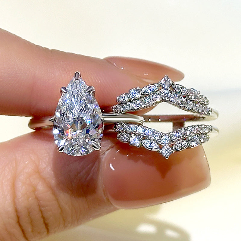 Louily Vintage Pear Cut Insert Wedding Ring Set For Women In Sterling Silver - louilyjewelry