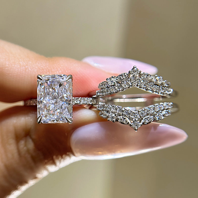 Louily Elegant Radiant Cut Insert Wedding Ring Set For Women In Sterling Silver - louilyjewelry
