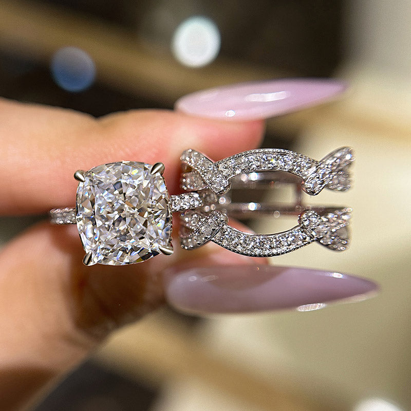 Louily Vintage Cushion Cut Insert Wedding Ring Set For Women In Sterling Silver - louilyjewelry