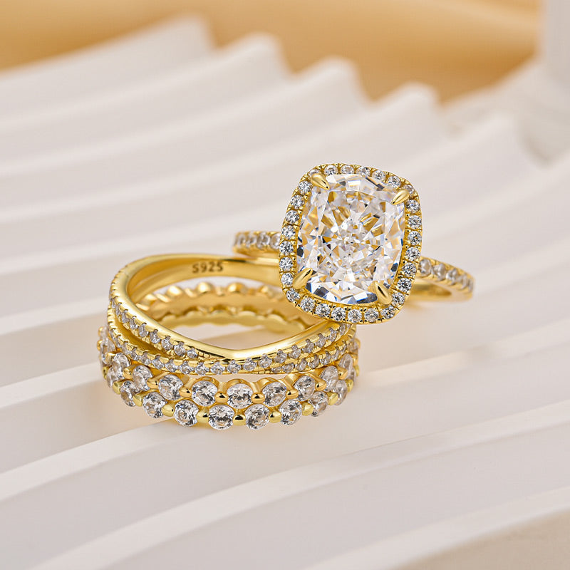 Louily 4PC Luxurious Halo Cushion Cut Women's Wedding Set