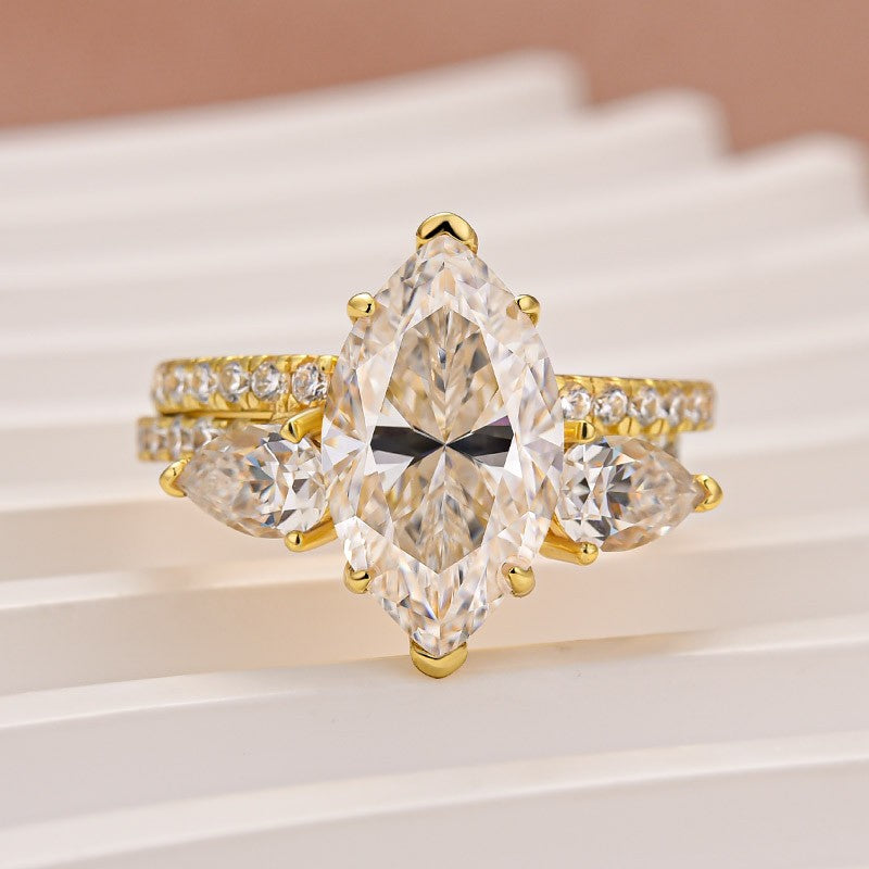Moissanite 4.0Ct Marquise Cut Yellow Gold Wedding Ring with Pear Cut Wedding Band