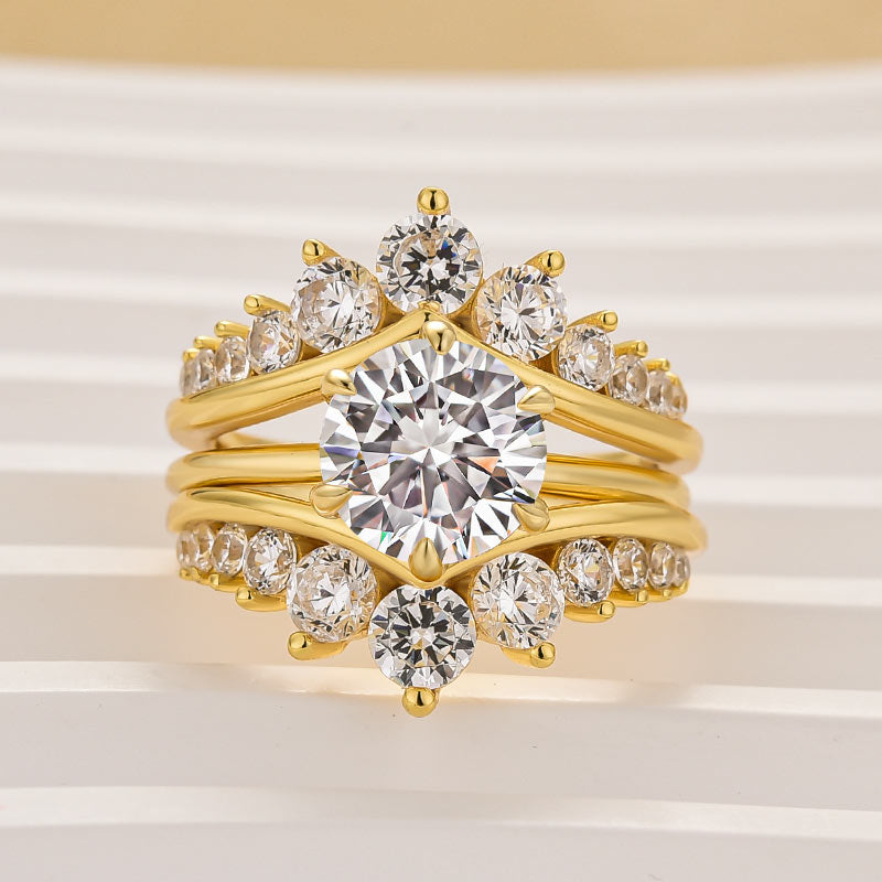 Louily Unique Crown Design Round Cut Insert Wedding Ring Set