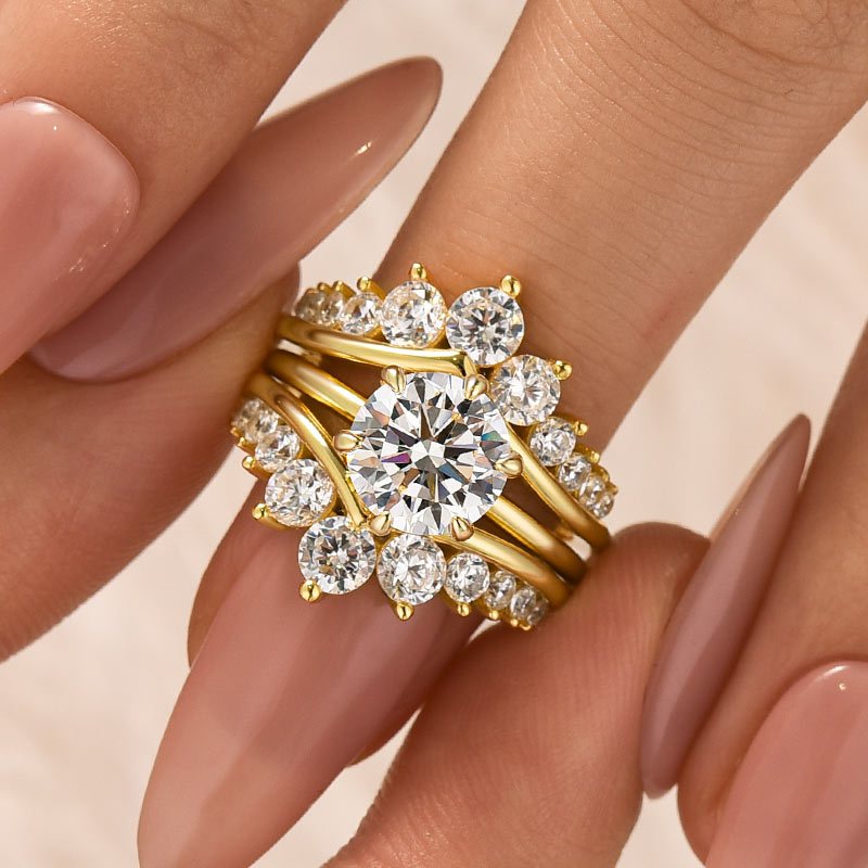 Louily Unique Crown Design Round Cut Insert Wedding Ring Set