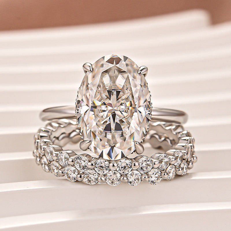 Moissanite 5.5Ct Hidden Halo Oval Cut Engagement Ring with 1.5 Ct Round Cut White Gold Anniversary Ring