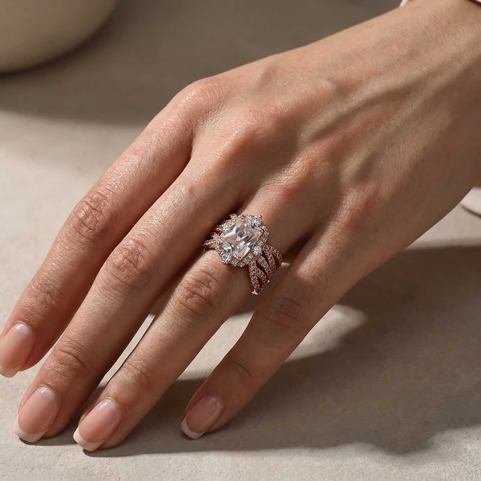 S925 3.0Ct Radiant Cut Halo Insert Wedding Ring Set For Women In Sterling Silver