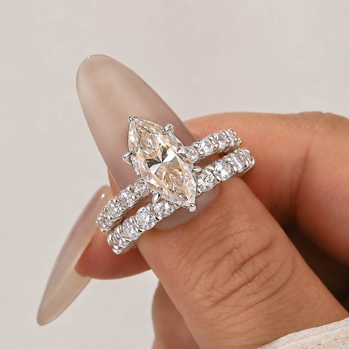 S925 Moissanite 3.0 Ct Marquise Cut Side Stone Engagement Ring/Wedding Set In Sterling Silver
