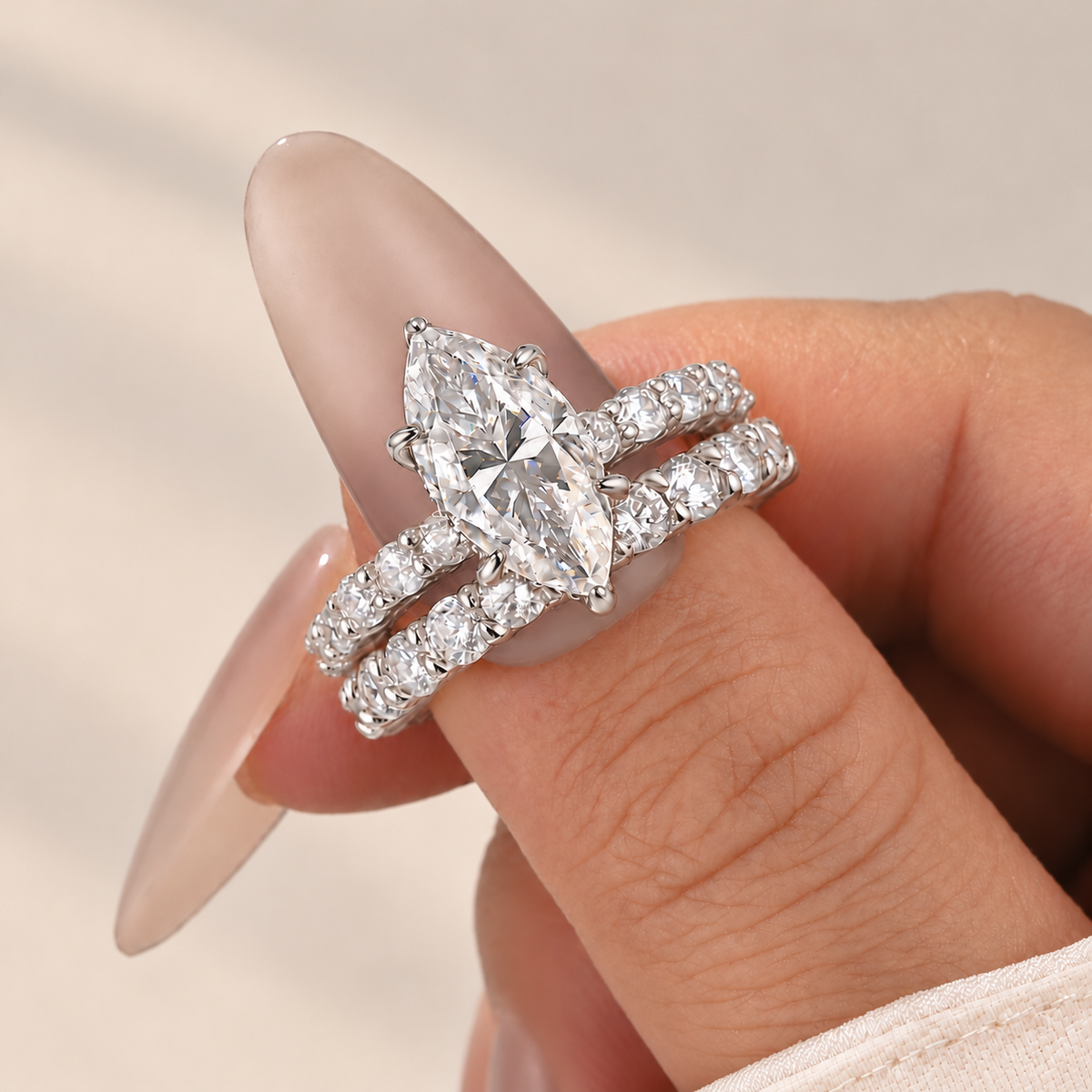 Moissanite 3.0Ct Marquise Cut Side Stone Engagement Ring/Wedding Set In Sterling Silver