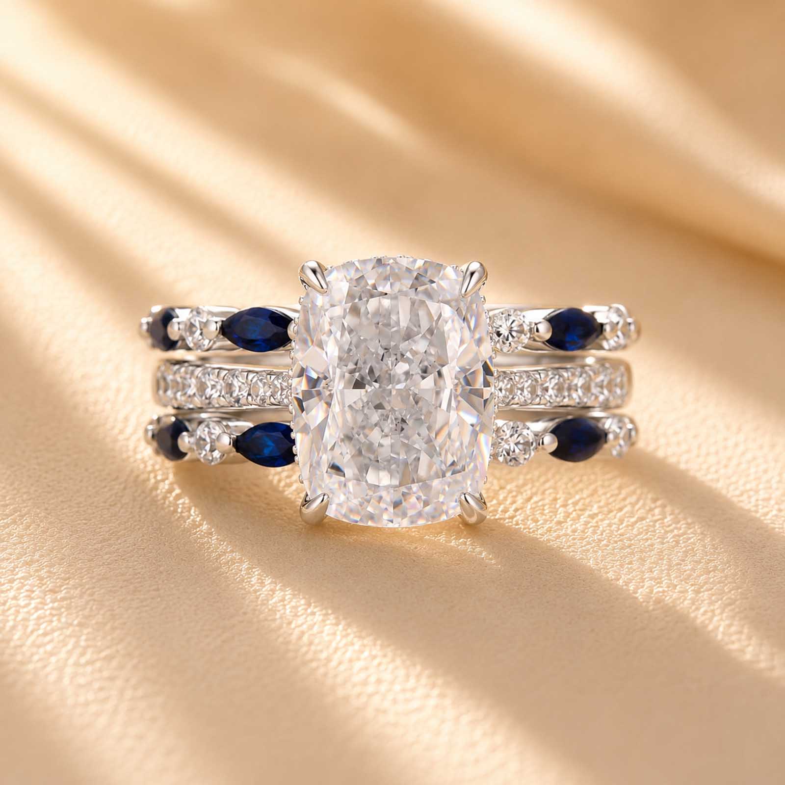S925 6.5Ct Cushion Cut Insert Wedding Ring Set With Unique White & Blue/Red Stone Engagement Ring Enhancer