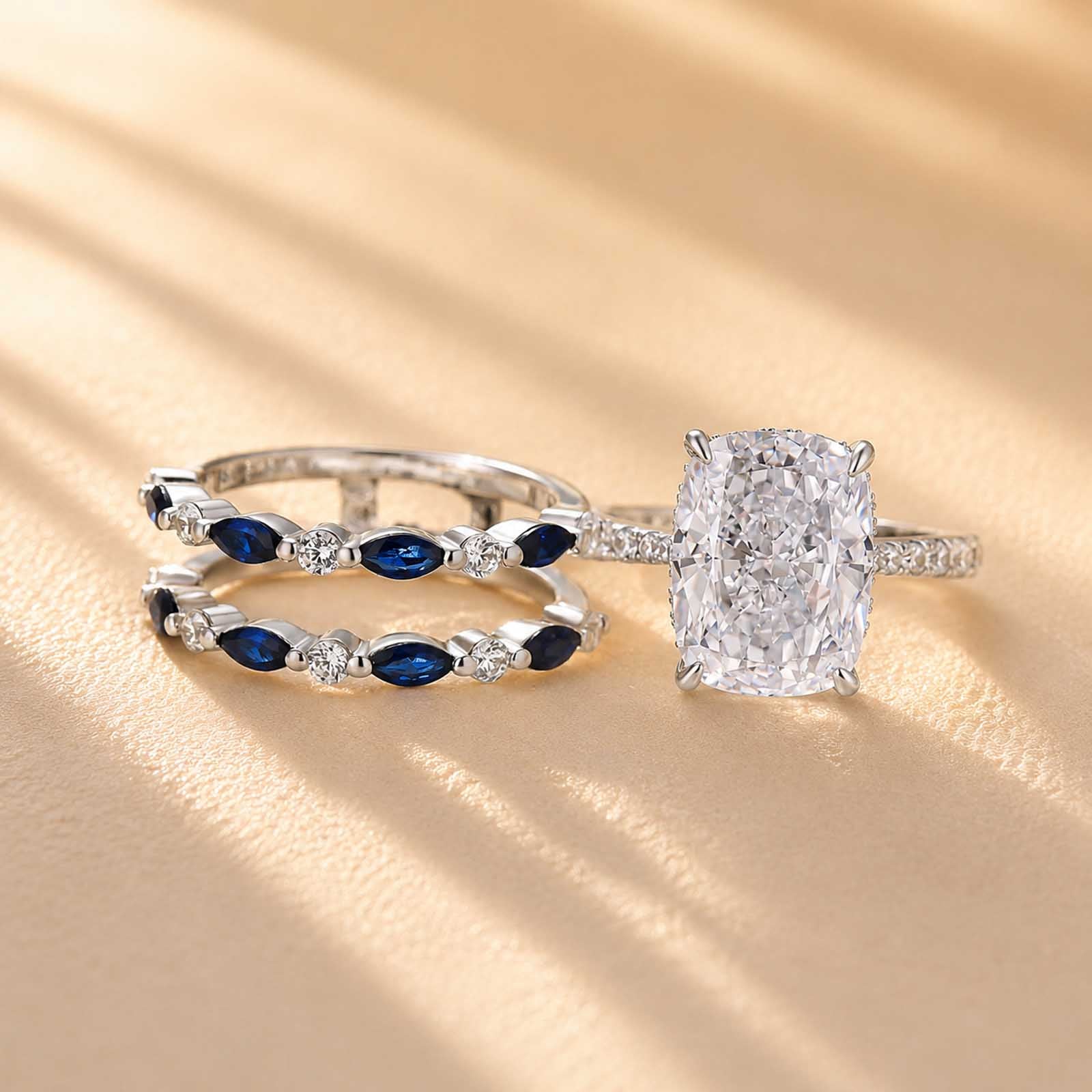 S925 6.5Ct Cushion Cut Insert Wedding Ring Set With Unique White & Blue/Red Stone Engagement Ring Enhancer